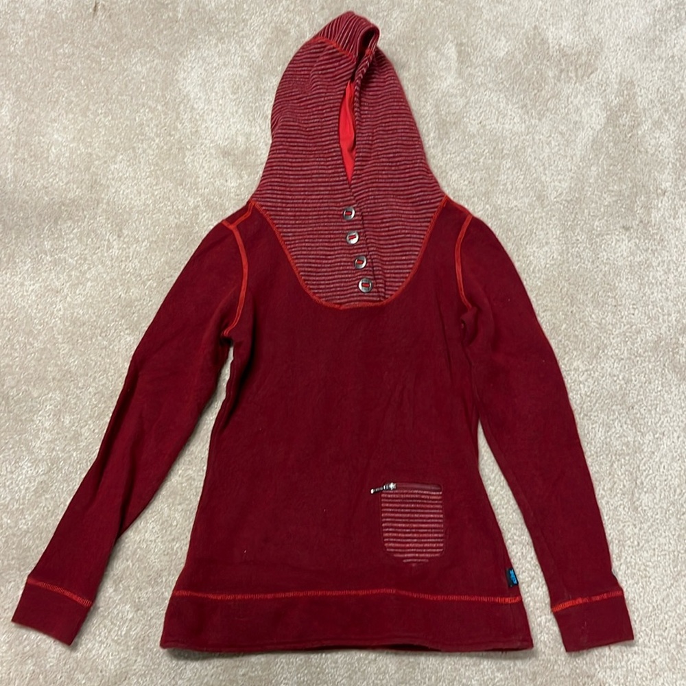 Women's Red Hooded Knit Sweater with Button Detail